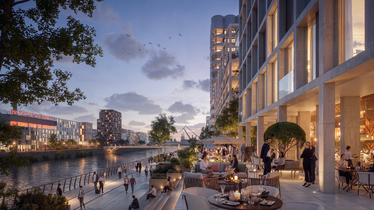 Rendering Baufeld 06 am Abend: Hafenpromenade mit Gastronomie im Erdgeschoss