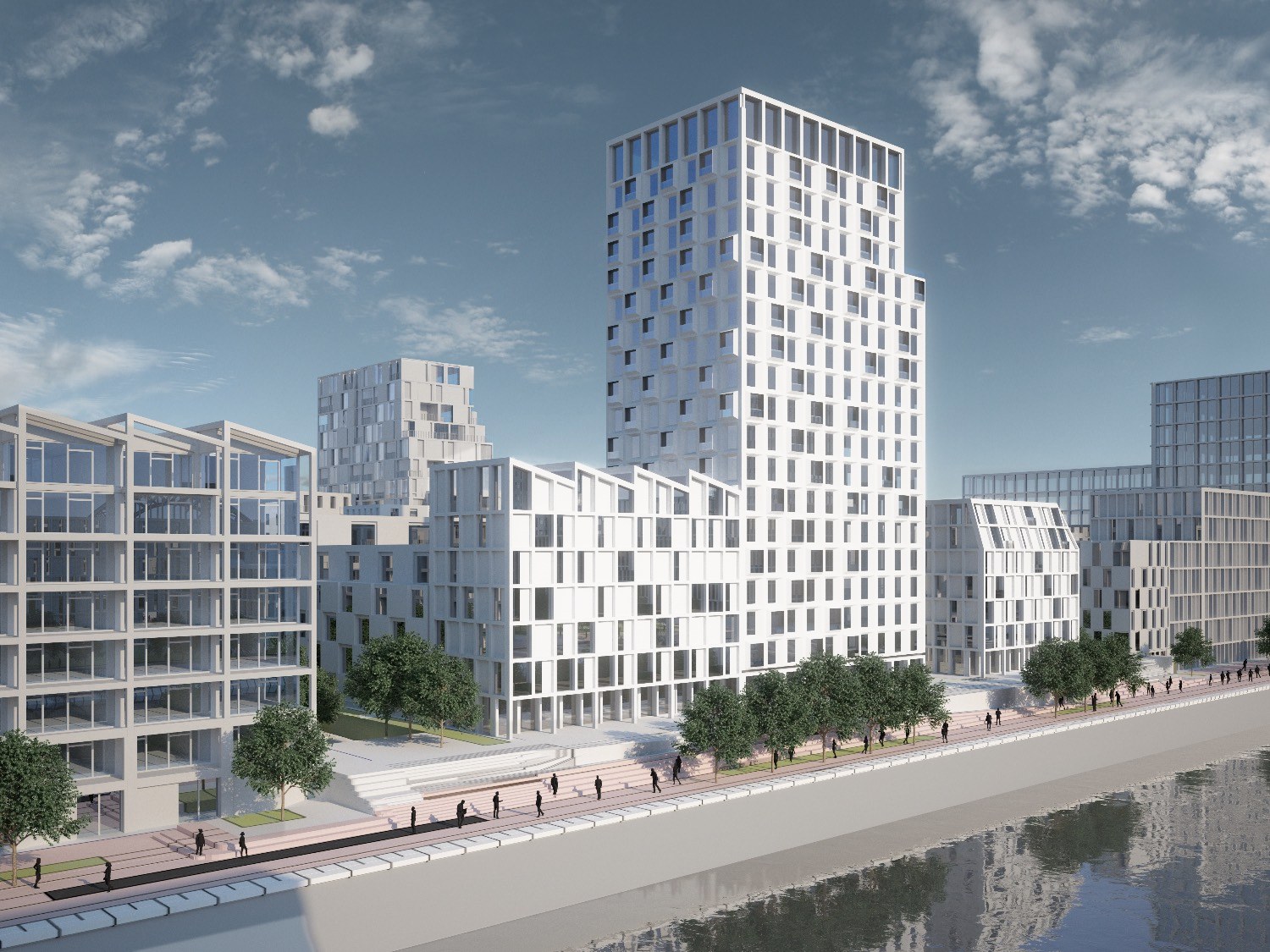 Weißkubenmodell am Hafenbecken: Baufeld 06 mit Hochhaus, Sheddach-Block und niedrigerem Nachbarbau hell hervorgehoben
