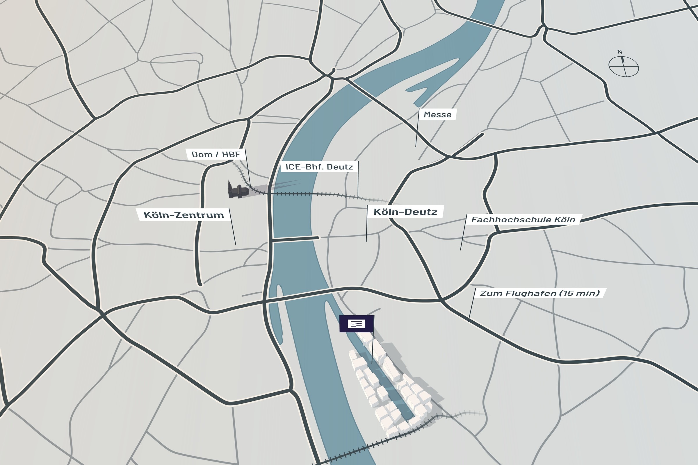 Stadtplan Köln in leichter Schrägansicht, genordet: Rhein, Hauptstraßen, Kölner Dom und Orientierungsfahnen (Köln-Zentrum, Dom/HBF, Köln-Deutz, ICE-Bhf. Deutz, Messe, Fachhochschule Köln, Zum Flughafen); am Hafenbecken die Baukörper des Deutzer Hafens mit Logo-Fahne